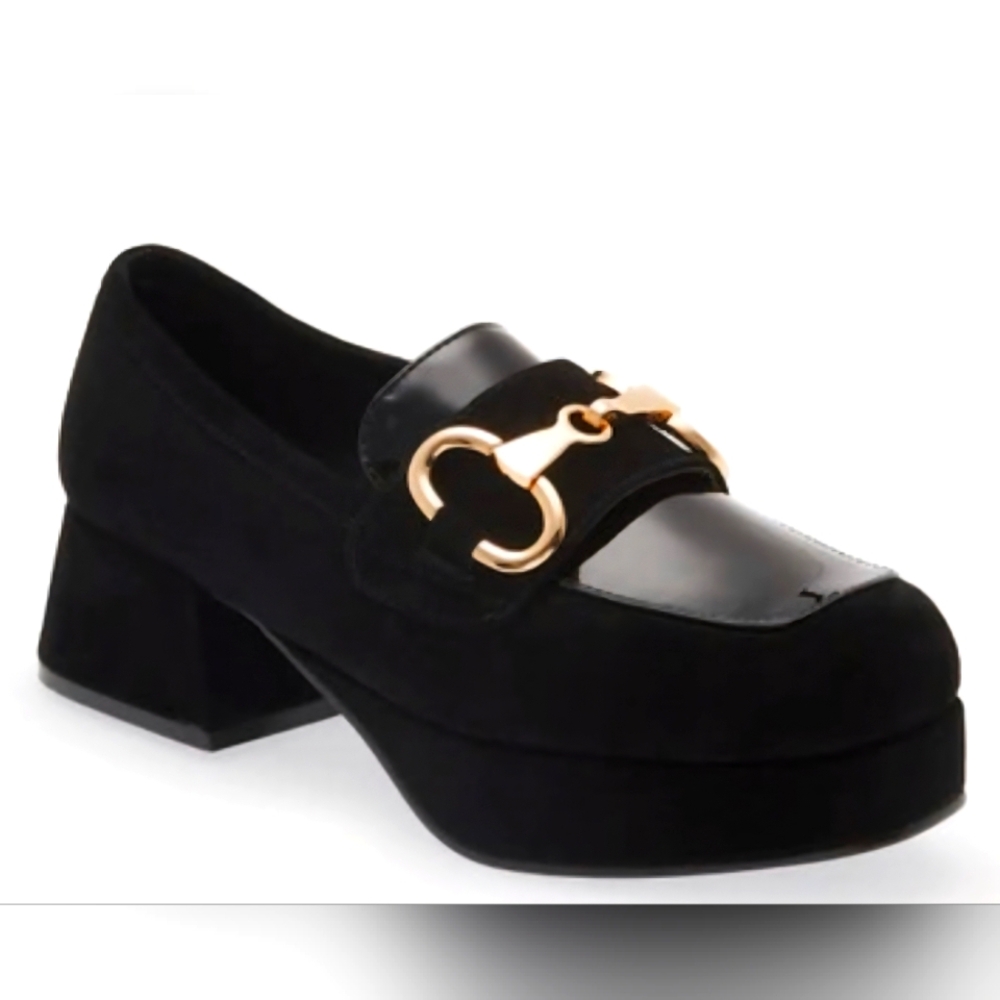 Jeffrey Campbell. Black Loafers with Gold Accent With Platform Sole & Block Heel